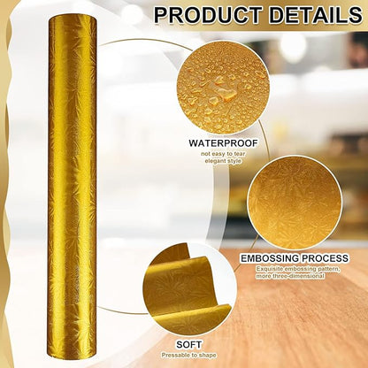 Jecery Embossed Floral Foil Paper Metallic Wrapping Paper Colored Foil Sheets for Crafts Scrapbook Florist Cake Board Cake Drums Christmas Party Gift Wrapping, 15.7 Inch 46 ft(Gold)