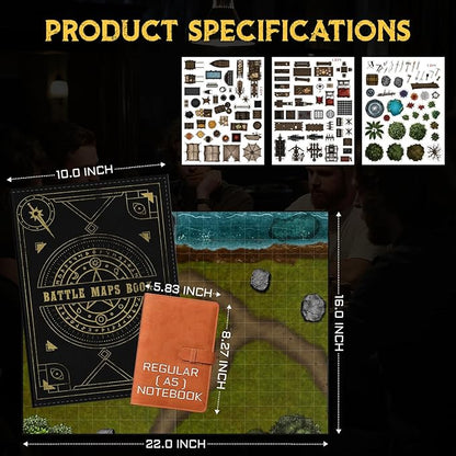 CZYY DND Battle Map Book – 32 Reusable Dry/Wet Erase Mats with 100+ Scenery Decals, 1" Grid & Lay-Flat Binding - Portable RPG Terrain Kit for Campaigns, Game Night & Miniature Battles (Style A)