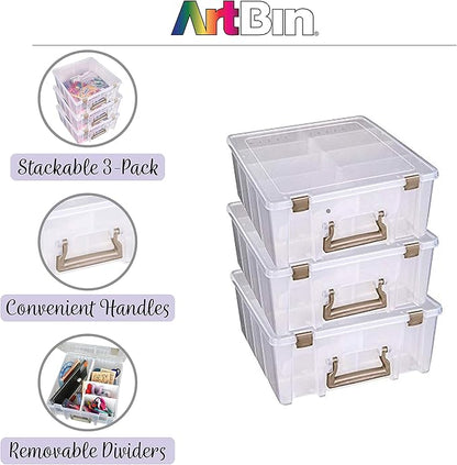 ArtBin 6990ZZ Super Satchel Double Deep 3-Pack, Portable Art & Craft Organizers with Handles, [3] Plastic Storage Cases, Clear & Gold