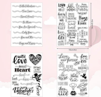 Whaline 4 Sheet Valentine's Day Words Clear Stamps Love Heart Silicone Transparent Stamps Border Stamp Cards for DIY Craft Card Making Scrapbooking Embossing Album Decor