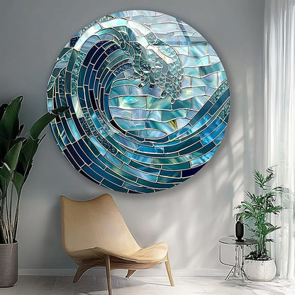 My Photostation.com 10''(25cm) Diameter Ocean Wave in Blue Mosaic Round Glass Wall Art Tempered Glass Printing Wall Decor Large Wall Art Wall Hangings