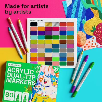 ARTISTRO 60 Dual Tip Acrylic Paint Markers, Acrylic Paint Pens, Fabric Markers for Textile, Rock, Glass, Wood, Paper, Ceramic, Canvas DIY Art Supplies Kit for Kids and Adults (Dual Tip Dot + Fine, 60)