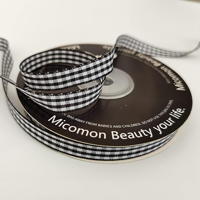 Buffalo Check Ribbon Black and White Gingham Ribbon 25 Yards for Crafts (3/8", Black)