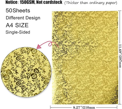 A4 Glitter Embossed Metallic Foil Paper Pack - 50 Sheets Assorted Colors & Designs Sparkly Holographic Premium Construction Paper for Gift Box Wrapping Birthday Party Scrapbook Paper