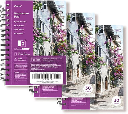 Funto Watercolor Pad 5.5x8.5, 3 Pack, 90 Sheets,140lb/300gsm, Double-Sided, Cold Press, Spiral Bound, Heavyweight Paper for Watercolor Painting