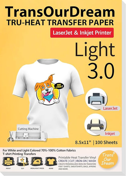 TransOurDream Tru-Heat Transfer Paper for Inkjet & Laserjet Printer (100 Sheets 8.5x11", 3.0) Printable HTV Heat Transfer Vinyl for T Shirts Iron On transfers for Light Fabrics (TRANS-L3-1-100)