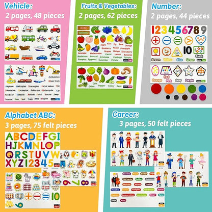 PENGFULL 5 Felt Learning Pieces Set,Alphabet Letters Fruits and Vegetables Numbers Community Helpers Transportation Learning Pieces,for Felt Flannel Board, for Toddlers Kindergarten Preschool