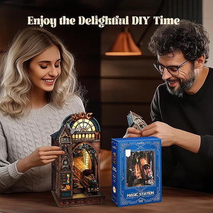 LED 3D Puzzle Magic Station Book Nook Kit - Interactive 3D Wood Puzzle LED Magical Miniature with Infinite Extension Space - DIY Bookshelf Insert Decor Gifts