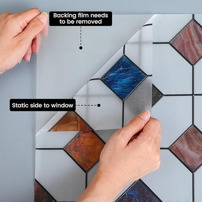 DKTIE Stained Glass Window Film Geometric Patterns, Fine Frosted Window Clings for Glass Windows, Waterproof for Bathroom Window Privacy Film Day and Night (S533, 17.7in X 78.7in)