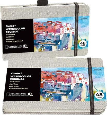 Funto Watercolor Journal, 8.5x5.5, 2 Pack, 48 Pages Each, Cold-Pressed, Inner Paper Pocket and Elastic Band, Art Supplies for Mixed Media