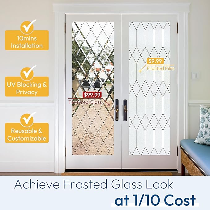 rabbitgoo Window Privacy Film for Glass Windows, Frosted Glass Cling with Decorative Moroccan Lattice, Removable Heat Control Sun Blocking Door Covering Sticker for Home Bathroom, 17.5 x 78.7 inches