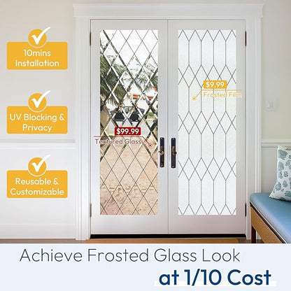 rabbitgoo Window Privacy Film for Glass Windows, Frosted Glass Cling with Decorative Moroccan Lattice, Removable Heat Control Sun Blocking Door Covering Sticker for Home Bathroom, 17.5 x 157.4 inches