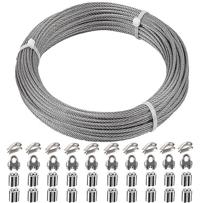 1/8 Inch Stainless Steel Wire Rope Cable Kit,100 ft Length 1/8“ Wire Cable 7x7 Strands with Sleeves, Thimbles, Clips, for Climbing Plants, Deck Railing, Fencing, Outdoor Hanging