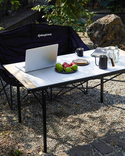 KingCamp Aluminum Folding Lightweight Roll Portable Stable Table for Camping Picnic Barbecue Backyard Party, Indoor & Outdoor, Oversize, Silver Black (Extended Pro, #6P Bamboo)