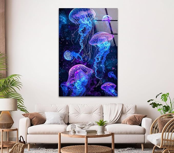 My Photostation.com 27Wx43H'' Glowing Jellyfish Glass Wall Art Tempered Glass Printing Wall Decor Large Wall Art Wall Hangings