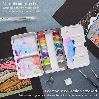 ARTEZA Watercolor Paint Set, 12 Metallic Watercolor Paints, Glitter Watercolor Paint in Half Pans, Travel Watercolor Set