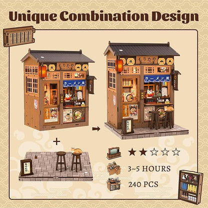 Fsolis Japanese Book Nook Kit - DIY Miniature Scene House Kit, 3D Puzzles for Adults, 220 Wooden Pieces, Tiny House Mini Booknook Craft Shelf Decor, Gifts for Women Model Lovers (Morita-Ya Ramen)