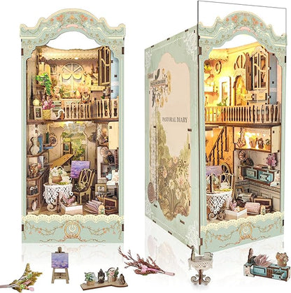 DIY Book Nook Kit,Dollhouse Booknook Bookshelf Insert Decor,3D Wooden Puzzles with LED Dust Cover,Book Nook Miniature Kit,Birthday Halloween Home Decor for Teens Adult-Countryside Diary