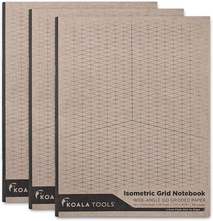 KOALA TOOLS | Isometric Graph Paper Notebook (3 pack) | 7.5" x 9.75", 60 pp. - Kraft Cover Isometric Grid Drawing Pads - Suitable for Industrial, Architectural, Interior Design