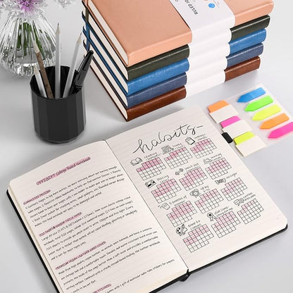 5 Pack College Ruled Notebook, 312 Numbered Pages Thick Notebooks Bulk, 100gsm No Bleed Paper Hardcover Leather Journal, Lined Journal Notebook Set for Women Men School Office, A5, Burgundy
