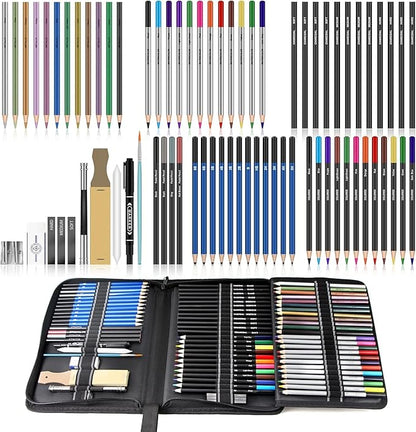 Art Supplies Drawing Kit, 74Pcs Drawing Pencils for Sketching - Include Colored, Graphite, Colored, Metallic, Charcoal Pencil, Ideal Gift for Beginners & Professional Artists Teens & Adults