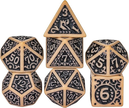 7-Die DND Dice Set New Pattern Polyhedral Dice Set with Leather Bag D&D Die for RPG Table Games(Brown Black)