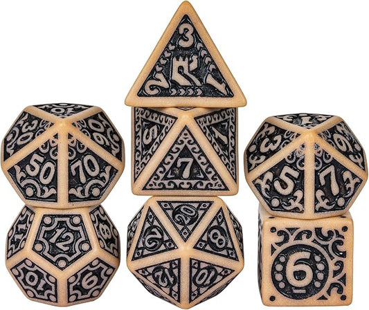 7-Die DND Dice Set New Pattern Polyhedral Dice Set with Leather Bag D&D Die for RPG Table Games(Brown Black)