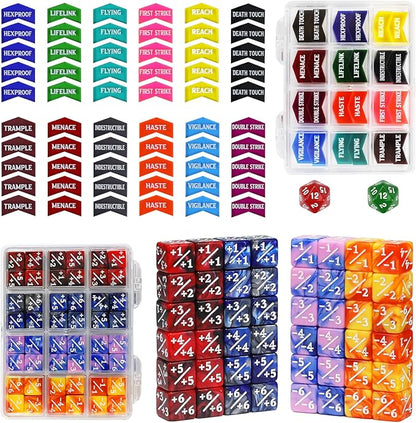 110PCS MTG Keywords Tokens & 12mm Dice Counter for Magic The Gatering, Bulk Ability Tokens MTG Life Counters D20 Loyalty 6 Sided Dice, Compatible with TCG CCG Magic Card Gaming Accessories