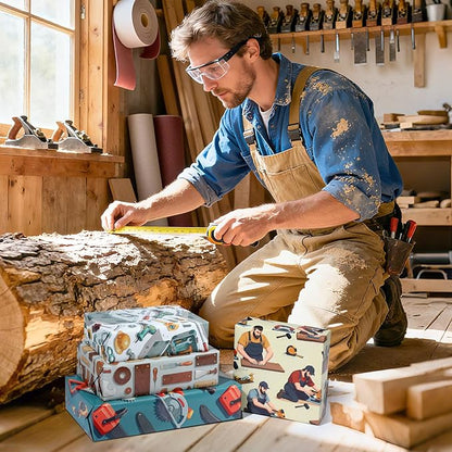 Pineraap 12 Sheets Carpenter Wrapping Paper, Woodworking Tools & Craftsman Printed Gift Wrap Decorative Craft Paper for DIY Projects, Birthdays, Father's Day, or Handyman Celebrations, 20 x 28 inch