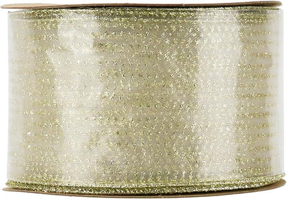 MEEDEE Glitter Gold Wired Ribbon 2.5 Inch Horizontal Stripes Polka Dot Christmas Ribbon Organza Sheer Glitter 25 Yards Gold for Christmas Tree, Wreath Bow Making