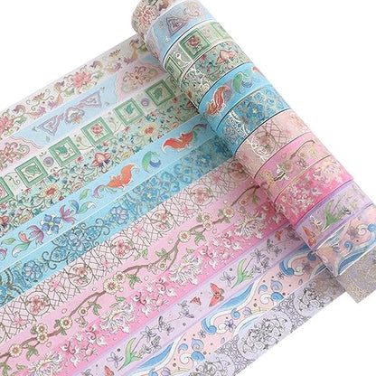 12 Rolls Floral Washi Tape Set, Gold Foil Flower Washi Tape, Botanical Washi Tape for Scrapbooking, Bullet Journal, Planner, DIY Crafts, Gift Wrapping