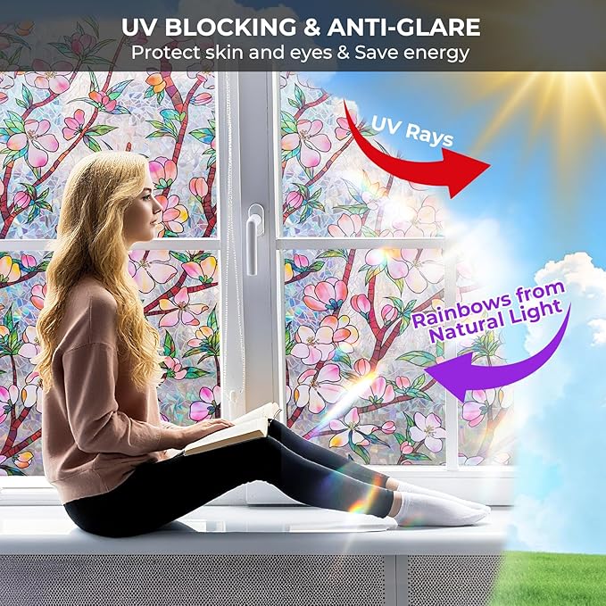 Window Privacy Film Rainbow Film Stained Glass 3D Static Cling Decorative Window Sticker for Bathroom,Front Door,Home Heat Control UV Blocking Non Adhesive,Peach Blossom 23.6 x 78.7inches