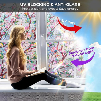 Window Privacy Film Rainbow Film Stained Glass 3D Static Cling Decorative Window Sticker for Bathroom,Front Door,Home Heat Control UV Blocking Non Adhesive,Peach Blossom 23.6 x 78.7inches