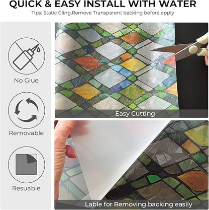 Window Privacy Film Rainbow Film Stained Glass 3D Static Cling Decorative Window Sticker for Bathroom,Front Door,Home Heat Control UV Blocking Non Adhesive,Diamond Grid 23.6 x 78.7inches