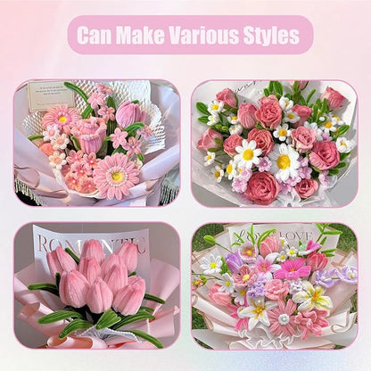 400 Pcs Pipe Cleaners Craft Set, 4 Assorted Pink Pipe Cleaners Bulk, Chenille Stems for DIY Flower Making Kit with Floral Stems, Gardening Tape, Stamen, Ribbon for DIY Bouquet Gift (Pink)