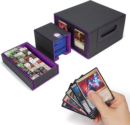 AFIING Commander Deck Box for MTG/EDH, Fits 400+ Double-Sleeved Cards, with Display Window, 4 Removable Deck Cases, Dividers, Dice Tray & Handle, Card Holders for TCG (Black Purple)