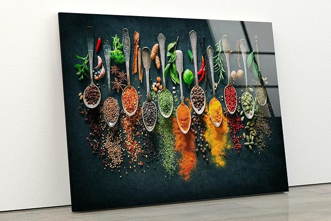 My Photostation.com 60WX40H'' Spoon Spices Glass Wall ArtTempered Glass Printing Wall Decor Large Wall Art Wall Hangings