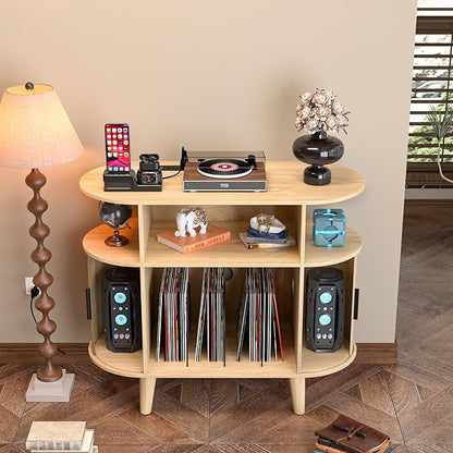 Large Round Record Player Stand with Charging Station & USB Ports，Record Storage Cabinet, Mid Century Modern Turntable Stand for Bedroom Living Room (Small Oak)