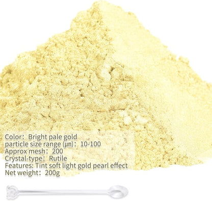 Mica Powder,7.05OZ（200g）,Bright Pale Gold Mica Powder Pigment for Epoxy Resin，Lip Gloss，Car Paint，Dye，Soap Making，Nail Polish,Epoxy Resin,Candle Making,Bath Bombs