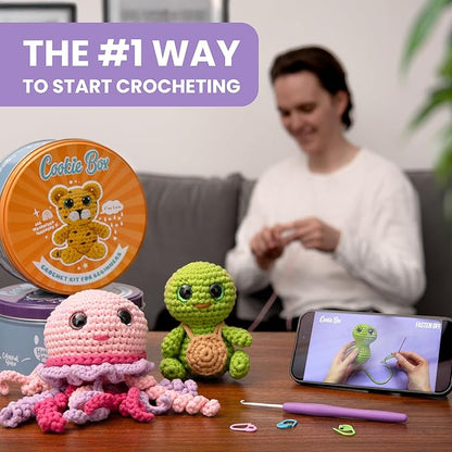 Cookie Box Crochet Kit for Beginners – Gift Set to Make Jellyfish Jenny Amigurumi Plushie – Easy DIY Crochet & Knitting Starter Kit with Video and PDF Tutorials