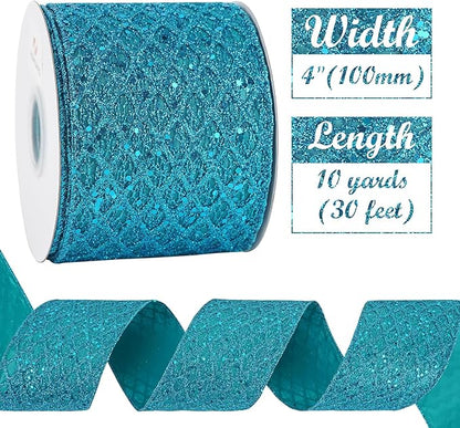 HUIHUANG Turquoise Glitter Wired Ribbon 4 inch Teal Christmas Tree Ribbon Diamond Mesh Wire Ribbon for Tree Decorations, Wreaths, Garland, Large Bows Making, Home Decor -10 Yards