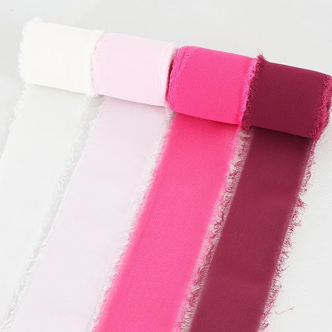 TONIFUL 4 Rolls Hot Pink Chiffon Ribbon Set 1 1/2 Inch 5.5 Yards Silk Fabric for Gift Wrapping, Wedding Party Decoration, Flower Bouquet, Bows Making, DIY Crafts