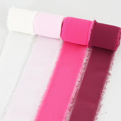 TONIFUL 4 Rolls Hot Pink Chiffon Ribbon Set 1 1/2 Inch 5.5 Yards Silk Fabric for Gift Wrapping, Wedding Party Decoration, Flower Bouquet, Bows Making, DIY Crafts