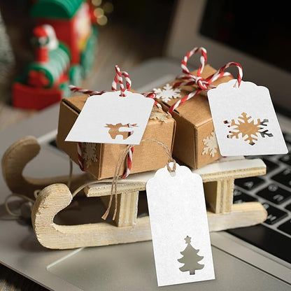 Aneco 150 Pieces Christmas Paper Gift Tags White Kraft Tags Hang Labels Christmas Tree Snowflake Reindeer Design with 30 Meters Jute Twine for Christmas DIY Wrapping Favor Holiday Present
