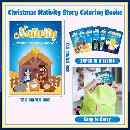 JAPBOR Christmas Nativity Coloring Books - 24PCS Mini Xmas Christian Story Color Book Bulk for Kids Party Favors, Religious Bible Small Colour Pages for School Classroom Church Drawing Painting Games