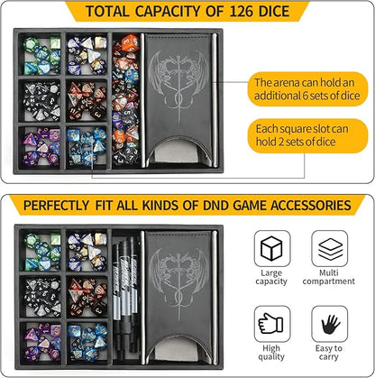 3 in 1 Dice Tray with Lid and Storage Tower, Portable Dice Box Holder for D&D RPG MTG Table Games - Gray