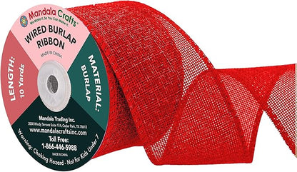 Mandala Crafts Red Burlap Wired Ribbon 2.5 Inches Wide Jute Ribbons for Crafts - 10 Yds Roll Rustic Burlap Wrap Trim Ribbons for Wreaths Bows Party Decoration