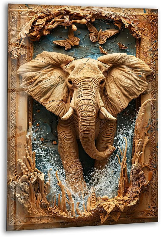 My Photostation.com Round 24'' Elephant Carving Glass Wall Art Tempered Glass Printing Wall Decor Large Wall Art Wall Hangings