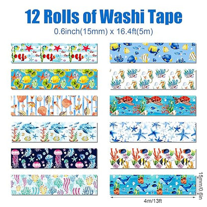 12 Rolls Blue Ocean Washi Tape, Underwater World Masking Tapes, Sea Animal Cartoon Decorative Tape for Arts, DIY Crafts, Journals, Planners, Scrapbook, Wrapping 16.4FT