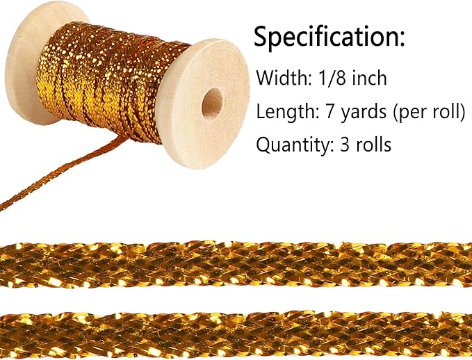 Gold Thin Ribbon 1/8 inch Metallic Braided Double Faced Ribbons Curling Ribbons for Balloon String Crafts Gift Wrapping Party Wedding Christmas Ornaments Decoration 7 Yard x 3 Rolls